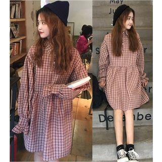 Long-sleeve Gingham A-line Shirt Dress Plaid Skirt - Maroon - One Size