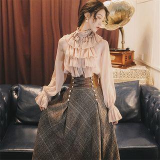 Ruffle Blouse / High Waist Plaid Maxi A-line Skirt / Set