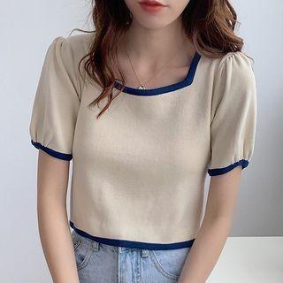 Contrast Trim Puff-sleeve Cropped Knit Top