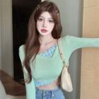 Mock Two-piece Long-sleeve Frill Trim Crop Top
