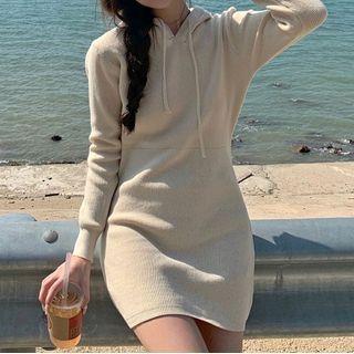 Plain Hooded Knit Mini Sheath Dress