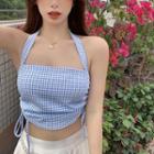 Sleeveless Check Halter Cropped Top