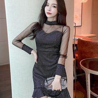 Long-sleeve Mesh Panel Dotted Dress