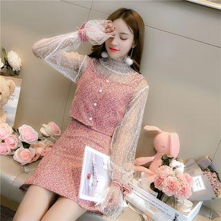 Set Of 3: Lace Long Sleeved Top + Cropped Tank Top + Mini Skirt