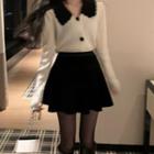 Collared Cardigan / Velvet Mini A-line Skirt