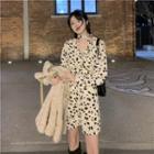 Long-sleeve Floral Print Drawstring Mini A-line Dress / Fluffy Jacket