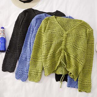 Drawstring Long-sleeve Crochet Knit Top