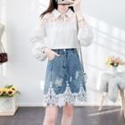 Set: Lace-panel Chiffon Shirt + Denim Skirt