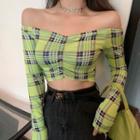 Cold Shoulder Long-sleeve Crop Top Plaid - Green & Black - One Size