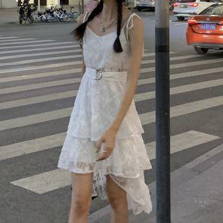 Spaghetti Strap Layered Lace Midi A-line Dress