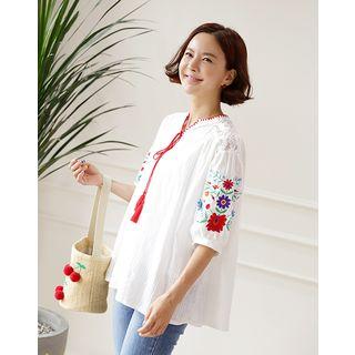 Tie-neck Floral-embroidered Blouse