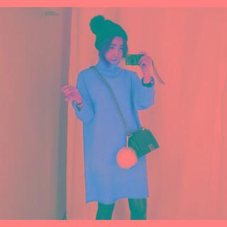 Turtle-neck Rollup-hem Mini Knit Dress