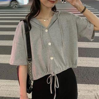 Short-sleeve Button-up Hooded Top