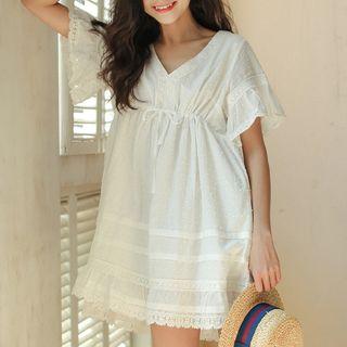 V-neck Short-sleeve Lace Minidress