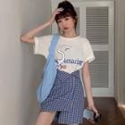 Duck Print Short-sleeve T-shirt / Gingham Irregular Hem Mini Skirt