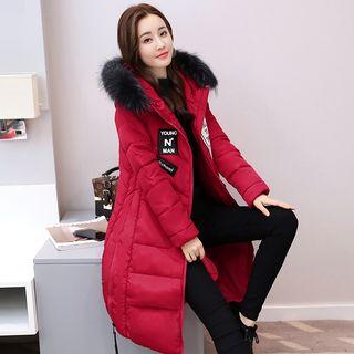 Faux-fur Trim Applique Hooded Long Padded Coat