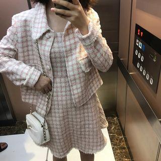 Plaid Button Jacket / Square-neck Sleeveless A-line Dress