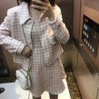 Plaid Button Jacket / Square-neck Sleeveless A-line Dress