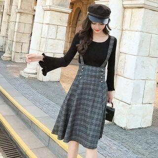 Set: Bell-sleeve Knit Top + Plaid A-line Suspender Skirt