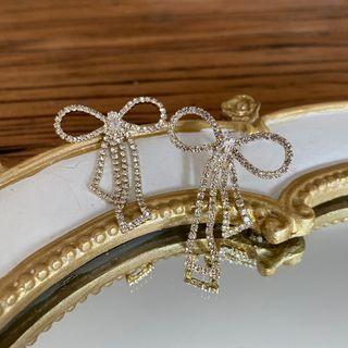 Rhinestone Bow Earring 1 Pair - Silver Needle Earring - One Size