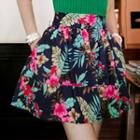 Set: Off-shoulder Short-sleeve Knit Top + Floral Print A-line Skirt
