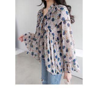 Tie-neck Capelet Frilled Pattern Chiffon Top