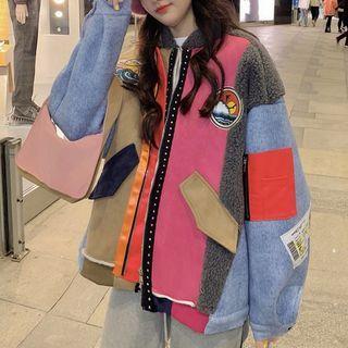 Embroidered Patch Color Block Zip Jacket