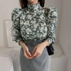 Puff-sleeve Fleece Floral Blouse