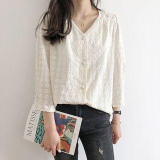 Embroidered Long-sleeve V-neck Blouse