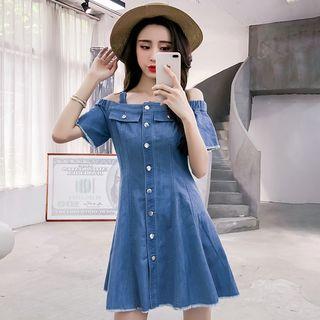 Cold Shoulder Buttoned A-line Denim Dress