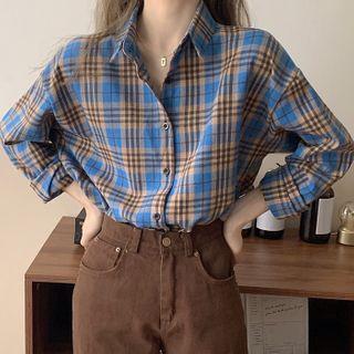 Plaid Single-breasted Lapel Long-sleeve Shirt As Shown In Figure - One Size