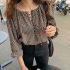 Long-sleeve Half Button Plaid Blouse As Shown In Figure - One Size