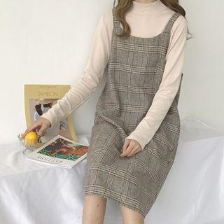 Long-sleeve Mock Neck T-shirt / Plaid Pinafore Dress