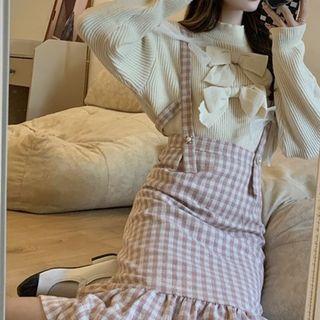 Bow Sweater / Plaid Suspender Pencil Skirt