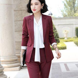 Tie-neck Blouse / Pinstriped Blazer / Wide-leg Dress Pants