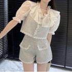 Puff-sleeve Blouse / Lace-trim Shorts