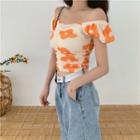 Flower Printed Short-sleeve Slim-fit Top As Figure - One Size