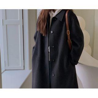 Hidden-button Woolen Coat With Sash (charcoal Gray) One Size