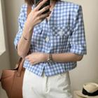 Gingham Short-sleeve V-neck Cropped Blouse As Shown In Figure - One Size