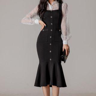 Set: Lace Shirt + Ruffle Hem Midi Sheath Overall Dress