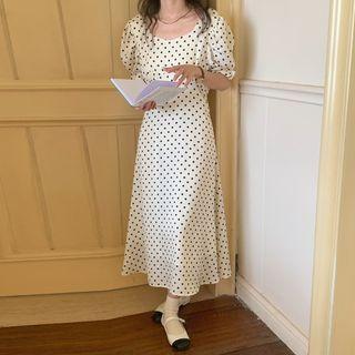 Short-sleeve Dotted Open-back Midi A-line Dress