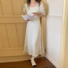 Short-sleeve Dotted Open-back Midi A-line Dress