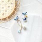 Rabbit Faux Pearl Bow Asymmetrical Dangle Earring 1 Pair - Silver Needle Earrings - Blue - One Size