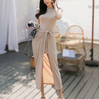 Set: Short-sleeve Mini Bodycon Dress + Midi Wrap Skirt