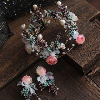 Wedding Set: Faux Pearl Branches Tiara + Dangle Earring Crown & 1 Pair - Clip On Earring - One Size