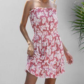 Tropical Print Shirred Waist A-line Tube Dress