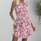 Tropical Print Shirred Waist A-line Tube Dress