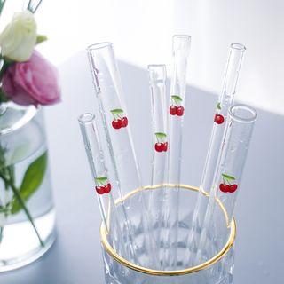 Set Of 5: Cherry Print Reusable Drinking Straw + Washing Brush