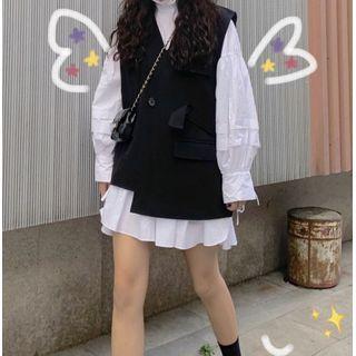 Long-sleeve High-neck Plain Shirt / Asymmetrical Hem Vest