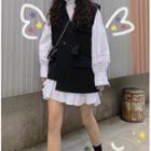 Long-sleeve High-neck Plain Shirt / Asymmetrical Hem Vest